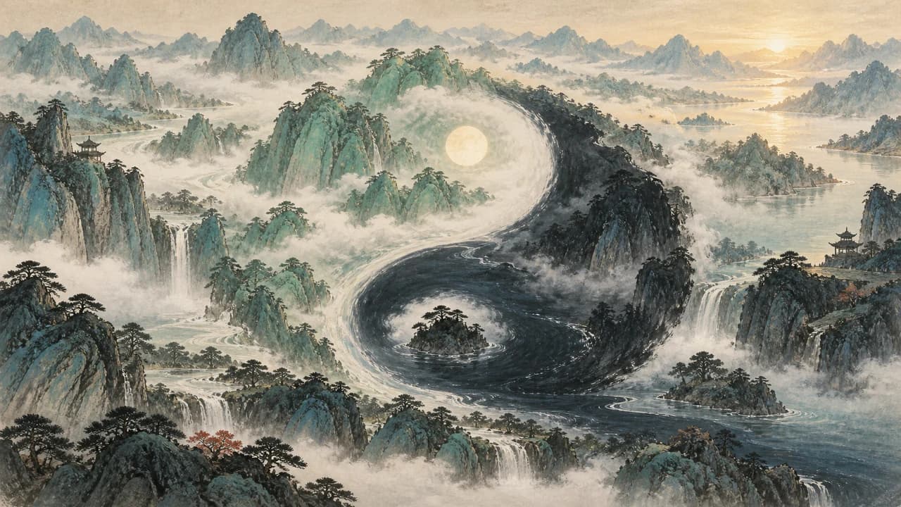 青绿山水、云雾和流水构成的太极宣传画。